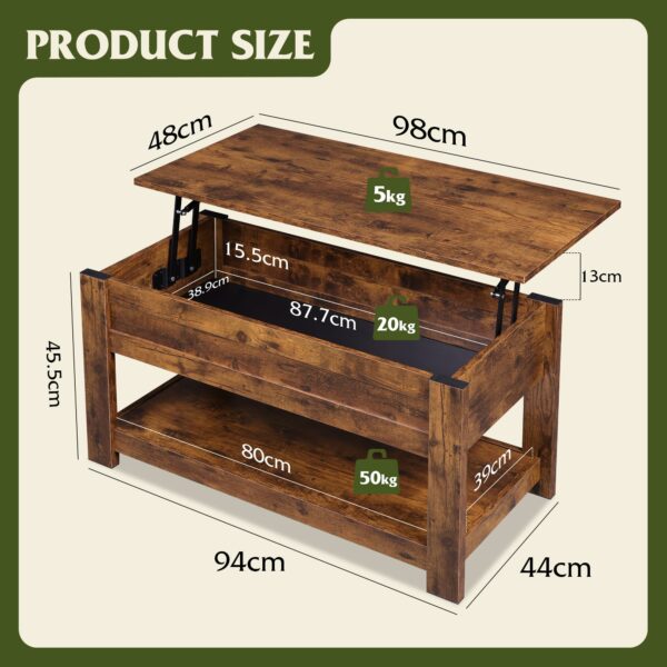 Wlive Lift Top Coffee Table, 98CM Lift Up Coffee Table with Hidden Compartment, Wooden Coffee Table with Storage Shelf for Living Room, Rustic Brown