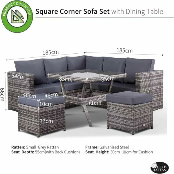 Club Rattan Garden Furniture Lille 7-seater Compact Corner Sofa with Dining Table and 2 Stools in Grey Rattan