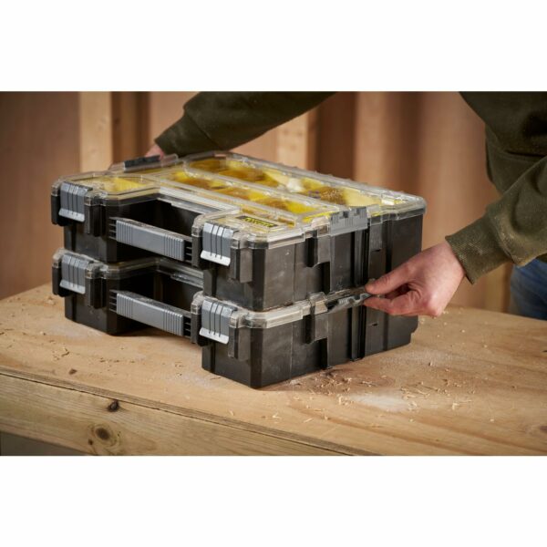 STANLEY FATMAX Waterproof 10-Compartment Deep Professional Tool Organiser, Removable & Stackable Deep Storage Cups with Transparent Lid, for Small Parts and Tools Storage, 1-97-521