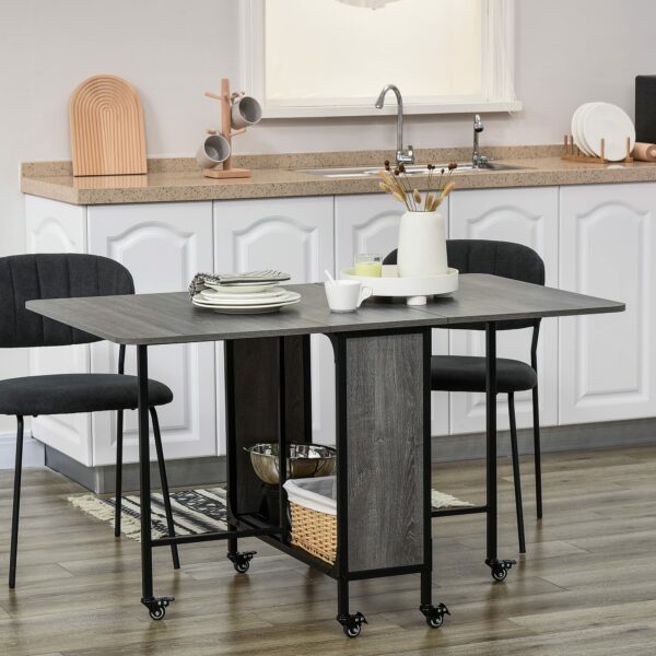 Homcom Mobile Drop Leaf Table, Folding Dining Table with 6 Wheels Storage Shelf for Small Spaces, Kitchen, Dining Room, Grey