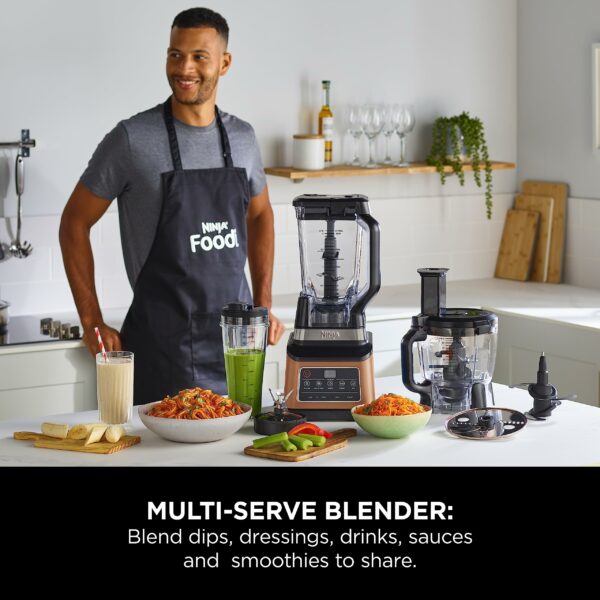 Ninja 3-in-1 Food Processor & Blender, Coffee & Spice Grinder, 5 Auto Programs; Blend, Max, Chop, Puree, Mix, 1.8L Bowl, 2.1L Jug, 700ml Cup, 1200W, Apron, Dishwasher Safe, Copper/Black BN800UKDBCP