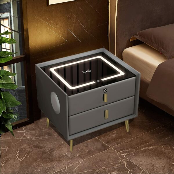 Smart Bedside Table With Smart Fingerprint Lock, 5.0 Bluetooth Speakers, 2 Drawers, Double-Layer Countertop & Built-in Three-Tone Lights, Smart Bedroom Nightstand with Wireless Charging