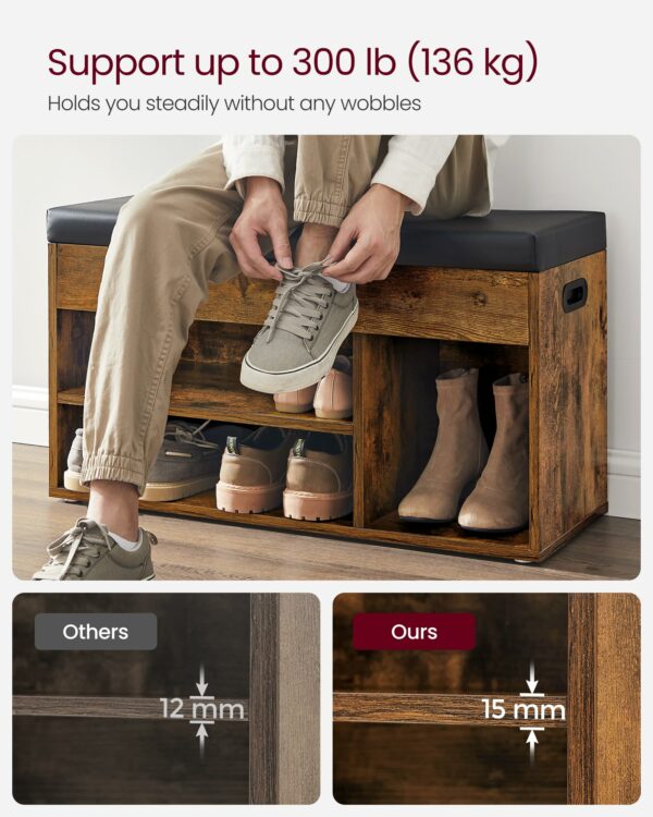 Vasagle Shoe Bench with Cushion, Storage Bench with Padded Seat, 3 Compartments, Hidden Storage, Shelves