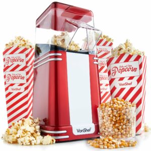 VonShef Popcorn Machine Retro – 1200W Air Popcorn Maker with Hot Air Circulation, One Touch Operation Movie Night Accessories, Healthy & Oil Free Snack Maker for Kids with 6 Boxes – Red