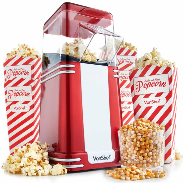 VonShef Popcorn Machine Retro – 1200W Air Popcorn Maker with Hot Air Circulation, One Touch Operation Movie Night Accessories, Healthy & Oil Free Snack Maker for Kids with 6 Boxes – Red