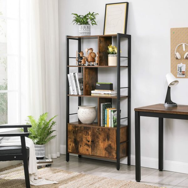 Vasagle Bookshelf, Storage Shelf, Large Bookcase with Doors, 4 Shelves, Stable Steel Structure, Industrial Style