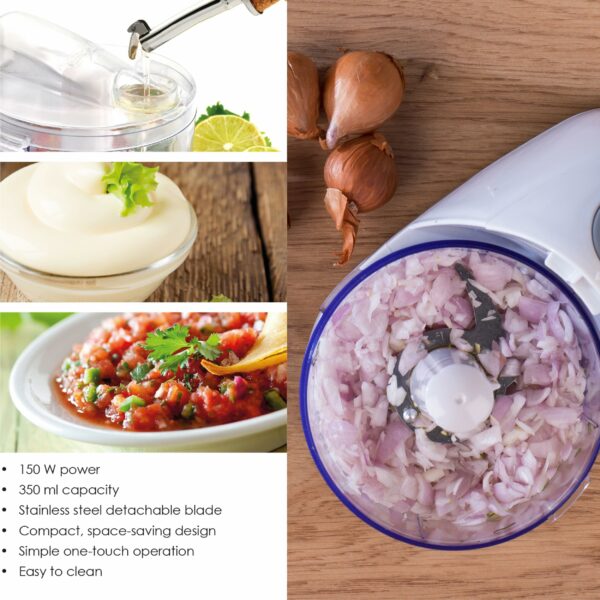 Salter EK2182 Electric Mini Food Chopper – 350ml Food Processor, Oil Drizzle Hole, Easy Food Prep, Dice Fruit/Vegetables/Onions, BPA-Free Dishwasher Safe Bowl, Stainless Steel Blades, One Touch, 150W