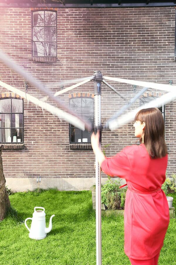 Brabantia 50m Essential Rotary Washing Line (Metallic Grey) Collapsible Umbrella System, 4 Arm Outdoor Clothes Dryer + 35mm Plastic Ground Tube