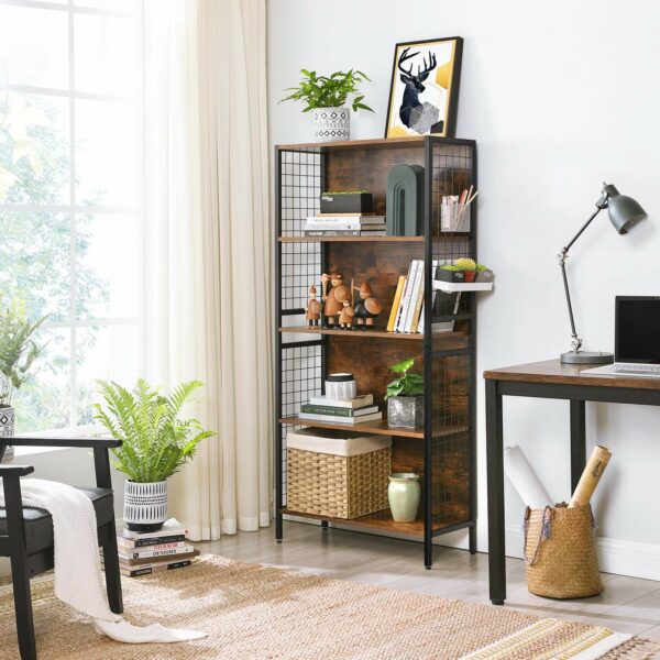 Vasagle Bookcase, Office Storage Shelf, 4 Tiers for Books, Decorations, Stable Steel Frame, S-Shaped Hooks for Hanging