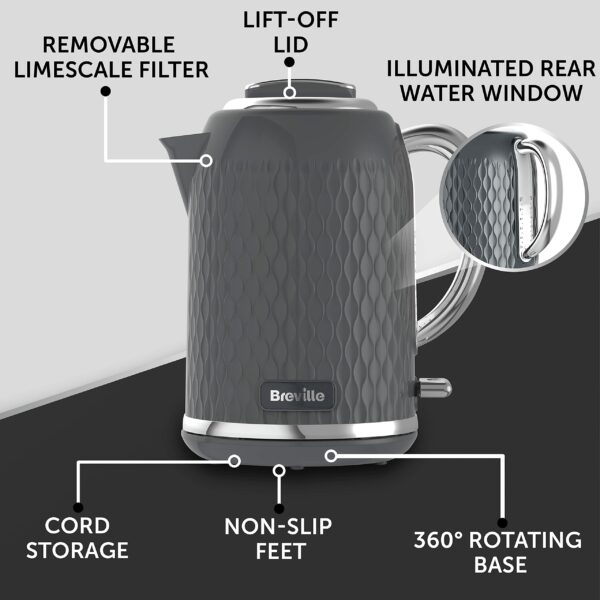 Breville Curve Electric Kettle | 1.7 Litre | 3KW Fast Boil | Grey & Chrome [VKT227]