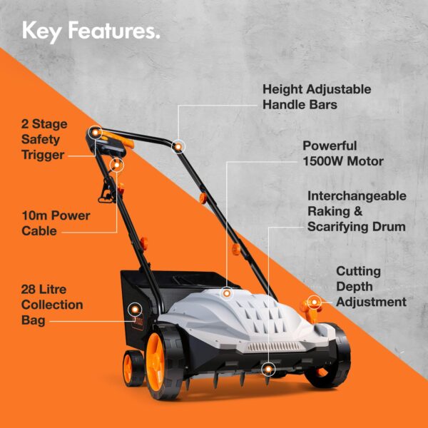 VonHaus Lawn Scarifier Aerator Rake Electric 1500W – for Dethatching/Raking Grass of Thatch, Moss, Dead Leaves and Aerates Soil