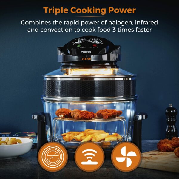 Tower T14048 Vizion Halogen Airwave Low Fat Air Fryer, 1400 W, 17 Litre Capacity with Extender Ring, Black