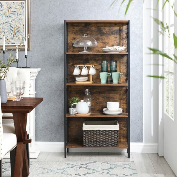 Vasagle Bookcase, Office Storage Shelf, 4 Tiers for Books, Decorations, Stable Steel Frame, S-Shaped Hooks for Hanging