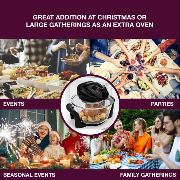 Andrew James Halogen Oven Cooker 12l – 17l 1400W | Glass Air Fryer with Turbo Wash and Included Accessories | Halogen Oven Cooker with Extender Ring & Replacement bulb (BLACK)