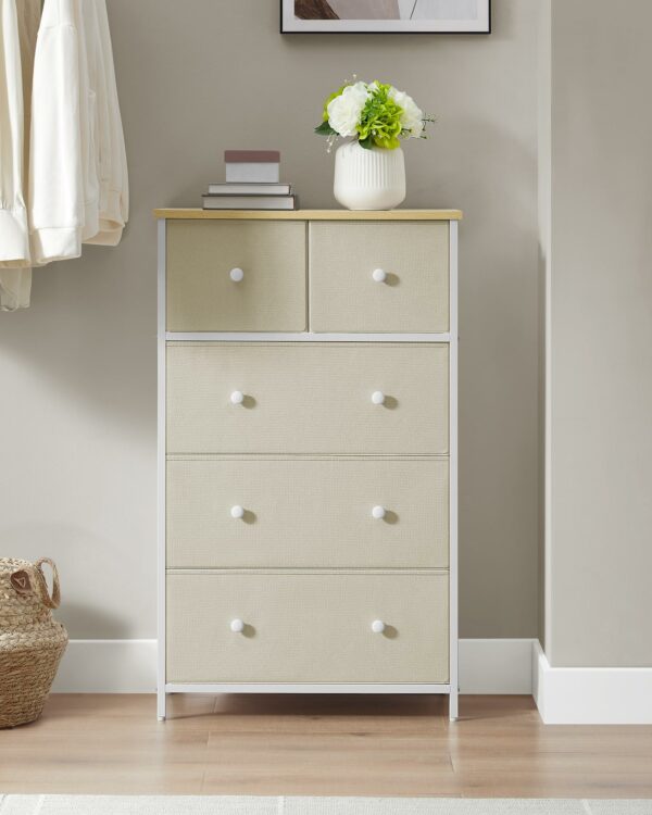 SONGMICS Chest of Drawers, Fabric 5-Drawer Storage Organiser Unit, Dresser, for Living Room, Hallway, Nursery, Camel Yellow and Cream White LTS514W01