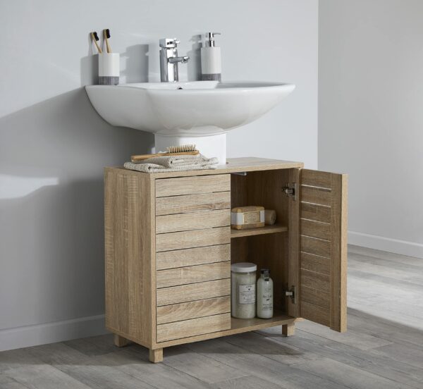 House & Homestyle Penny Under Sink Unit, Floor Standing Bathroom Cabinet, Space Saving Washroom Cupboard Storage Solution, 2 Door Vanity Unit - Oak Effect Slatted Wood Finish (60cm x 60cm)