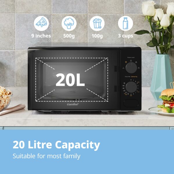 COMFEE' Black Compact Microwave Oven 700W with Manual Control - 20L Countertop Microwave for Small Kitchens, 5 Power Levels & Quick Defrost, CM-M202CC(BK)