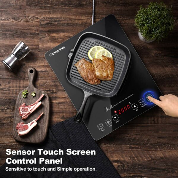 AMZCHEF induction hob with ultra-slim design, 10 temperature levels and 10 power settings, 2000 W induction plate with 3 hour timer, safety lock