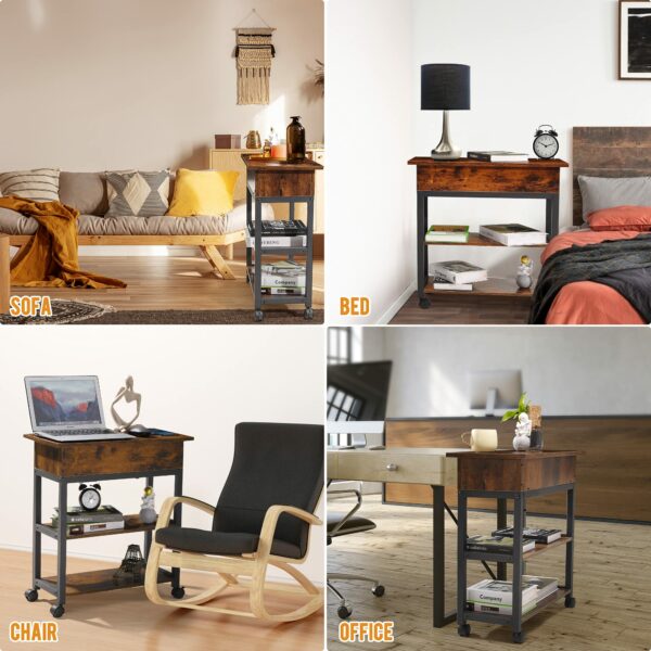 Lift Top End Table with Charging Station, Mobilizable Narrow Side Table with Storage Shelf and USB Ports
