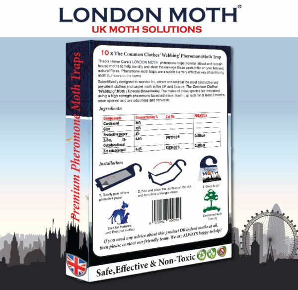 LONDON MOTH KILLER 10 (TEN) Premium Sticky Pheromone Moth Traps for the Common Clothes Moth and Similar Variants, for Wardrobes, Clothes and Carpets. inc. eBook