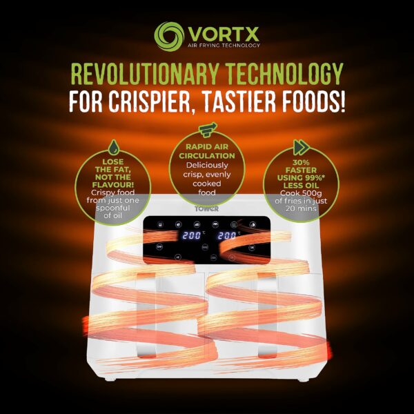 Tower T17137WHT Vortx 8.5L Dual Basket Air Fryer with Dual Cook Function, 2400W, White & Chrome