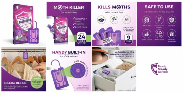 9-Pack Moth Repellent Hangers for Wardrobes: Lavender-Scented Clothes Moth Killer | Anti-Moth Protection for Wardrobes and Drawers | Up to 3 Months Protection per Hanger | Eco-Friendly Moth Deterrent