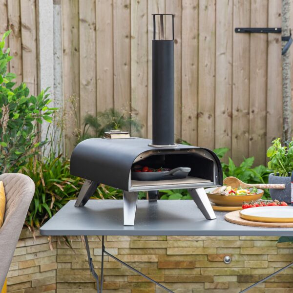 Zanussi ZPO1BPC Outdoor 12 Inch Wood Pellet Portable Wood Fired Pizza Oven with Paddle and Cover in Black, BBQ Oven & Smoker, Stainless Steel Foldable Legs