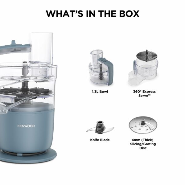 Kenwood, MultiPro Go FDP22.​130GY, Food Processor, for Chopping, Slicing, Grating, Pureeing and Kneading Dough, with Express Serve, 1.3L Bowl, Knife blade, 4mm Slicing/Grating Disk, 650 Watts, Grey