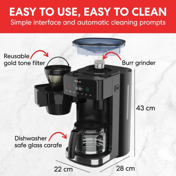 Instant Grind and Brew Bean to Cup Coffee Maker, 24 Hour Programmable Filter Coffee Machine, Reusable Filter, Glass Carafe, Digital Display - 4-10 cup Customisable Brewing & Automatic Bean Grinder