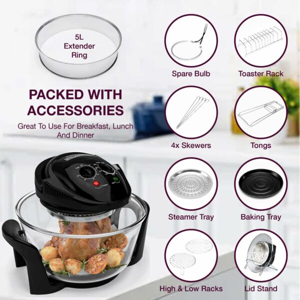 Andrew James Halogen Oven Cooker 12l – 17l 1400W | Glass Air Fryer with Turbo Wash and Included Accessories | Halogen Oven Cooker with Extender Ring & Replacement bulb (BLACK)