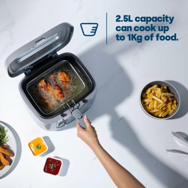 LIVIVO Electric 2.5L Deep Fat Countertop Fryer Non-Stick Coating, Internal Mesh Basket with Safety Handle and Viewing Window Easy Clean (White) (Grey)