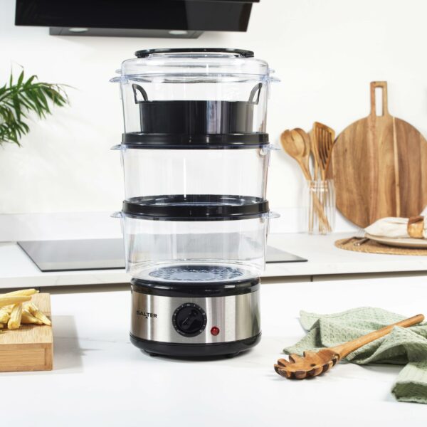 Salter 3 Tier Electric Food Steamer - 7.5L, Stackable Steaming Baskets, Dishwasher Safe, BPA Free Includes Rice Bowl, 60 Minute Timer, Compact Storage, Healthy Cooking Vegetables & Fish, 500W, EK2726