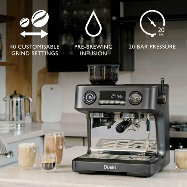 Dualit Espressivo Pro Coffee Machine - Dual Boiler - Integrated Coffee Bean Grinder - Steam Wand - 2.8L Removable Water Tank - Built in Warming Plate - 20 Bar Pressure - Stainless Steel