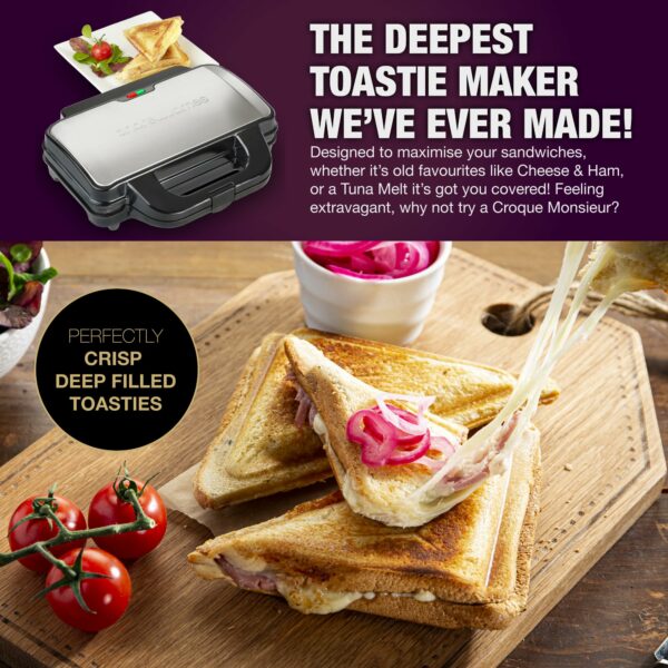 Andrew James Electric Deep Fill Toasted Sandwich Maker Grill, 4 Slice Triangle Press with Cool Touch Handle, Non-Stick Plates for Thick Cheese Toasties, 900W, For Large Deep Filled Toasted Sandwiches