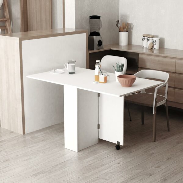 Homcom Folding Dining Table, Drop Leaf Table with 2-Tier Shelves, Rolling Casters, for Small Spaces, Kitchen, White