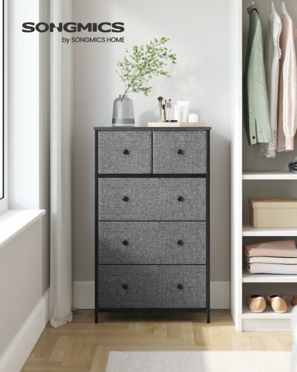 SONGMICS Chest of Drawers, Fabric 5-Drawer Storage Organiser Unit, Dresser, for Living Room, Hallway, Nursery, Grey and Black with Wood Grain LTS514G22