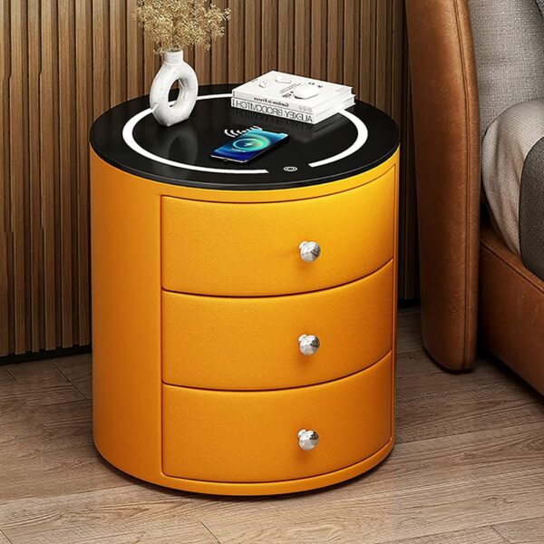 Smart Nightstand with Charging Station and 3 Colors LED Lights Modern Bedside Tables Round End Table with Storage Drawers, Side Table Night Stands for Bedroom Living Room,Orange,3