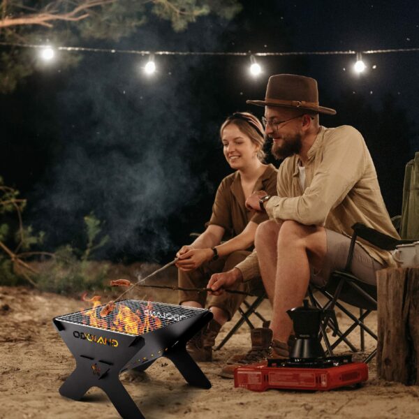 Odoland Camping Fire Pit, Portable Fire Pit for Camping, 2 in 1 Wood Burning Fire pit Grill with Detachable Cooking Grate for Outdoor BBQ, with Carry Bag