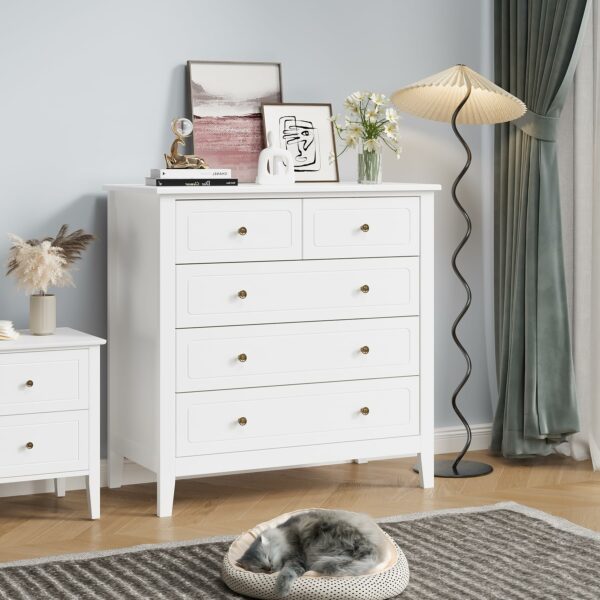 FOREHILL Bedroom Chest of Drawers White Sideboard 5 Drawers Storage Cabinet Cupboard Unit Bedroom Furniture 40x80x80cm