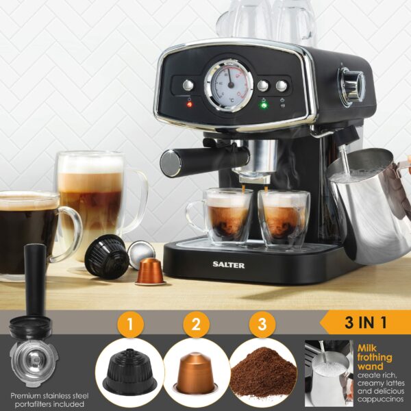 Salter EK4620 3 in 1 Barista Deluxe Coffee Machine,Compatible with 30/54 mm Capsules and Ground Coffee,Espresso and Cappuccino Maker with Milk Frothing Wand, 19-Bar Italian Pressure Pump,1050 W,Black