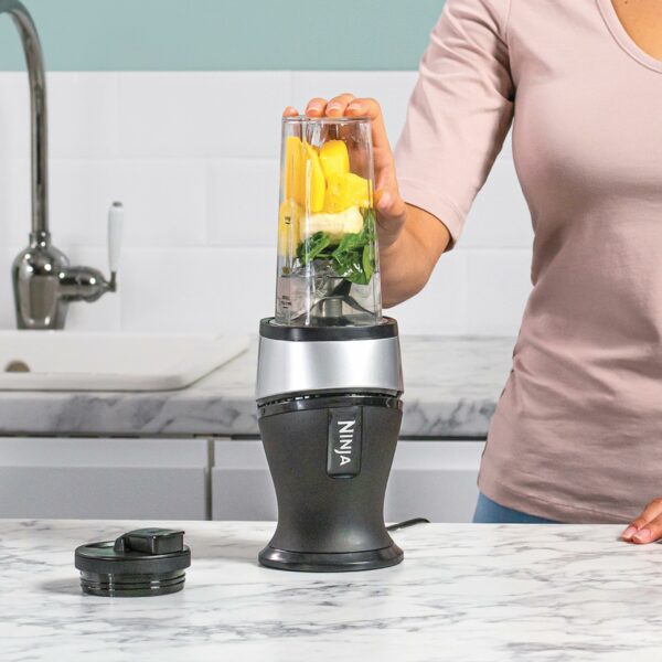 Ninja 700 W Slim Blender & Smoothie Maker, 2 x 470 ml cups with spout lids, personal blender, crush ice & frozen fruit, silver/black, QB3001UKS