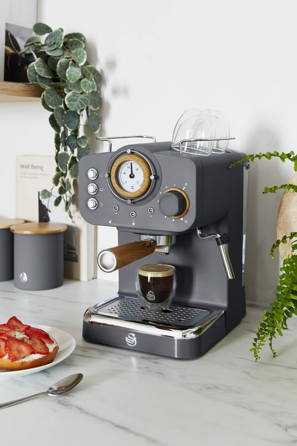 Swan Nordic Espresso Coffee Machine SK22110GRYN with Milk Frother, Steam Pressure Control, 1.2L Detachable Water Tank, 1100W, Nordic Slate Grey
