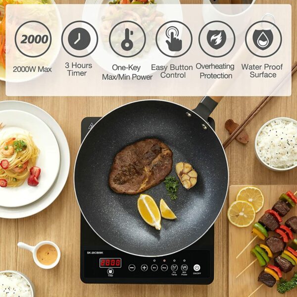 AMZCHEF Single Induction Hob, Portable Induction Hob, 10 Temperature Settings and Power levels from 300W to 2000W, Black Frosted Glass Panel,Sensitive Press Control, 3-hour Timer