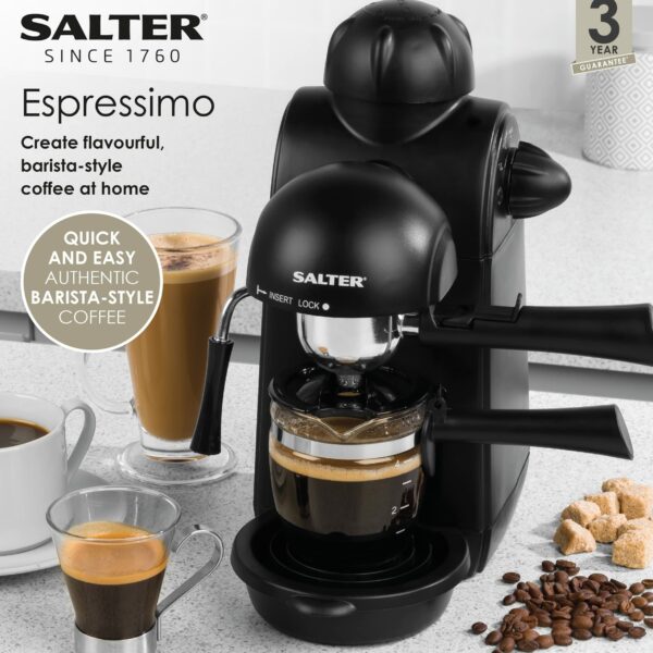 Salter EK3131 Espressimo Coffee Machine – 4-Shot Espresso Maker, Milk Frothing Wand, Includes 240 ml Glass Carafe, Barista Style Latte And Cappuccino, 5-Bar Pressure, Stainless Steel Filter, 870W