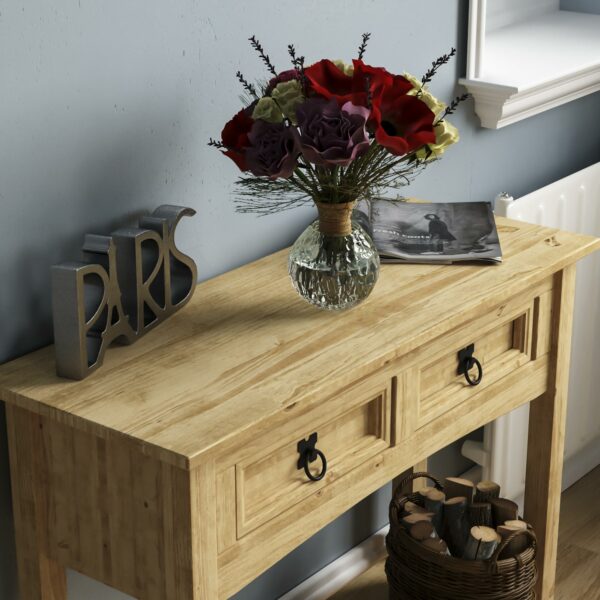 Console Table, 2 Drawer With Shelf, Rectangular, Waxed Solid Pine Wood, Traditional, Rustic, 31 x 83 x 70