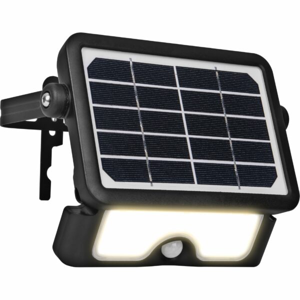 Luceco Solar Powered LED Outdoor Floodlight with PIR Motion Sensor, Security Light, Exterior Lighting, Angular Design, Adjustable, Guardian, Black, IP65, 5W, 550lm, 4000K, LEXSF6B40