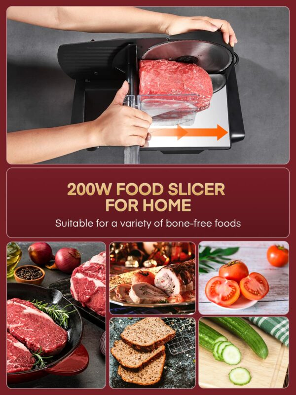 FOHERE Electric Meat Slicer Machine 200W for Home Use, with 2 Removable Stainless Steel Blade(Smooth/Serrated) and Food Pusher, Safety Switch, 0-15mm Thickness Adjustment, for Cheese, Bread