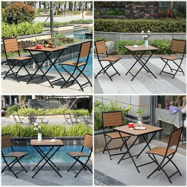 Patio Furniture Set Wooden & Metal 2 Seater Square Garden Table And Chairs Folding Weatherproof Bistro Set
