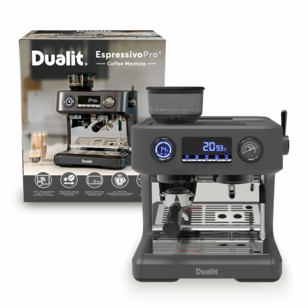 Dualit Espressivo Pro Coffee Machine - Dual Boiler - Integrated Coffee Bean Grinder - Steam Wand - 2.8L Removable Water Tank - Built in Warming Plate - 20 Bar Pressure - Stainless Steel