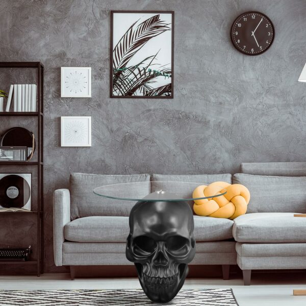 Thyle Gothic Skull Glass Topped Table - Round Gothic Coffee Table with Spooky End Tables and Pedestal Design for Living Room Accessories and Home Decor